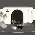 Elegant Modern Living Room Interior With Arched Black Fireplace White Sofa Green Plants And Pillows