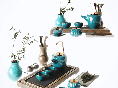 Elegant Turquoise Tea Set With Teapot Teacups And Wooden Tray Decorated By Green Branches 3d model