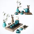 Elegant Turquoise Tea Set With Teapot Teacups And Wooden Tray Decorated By Green Branches