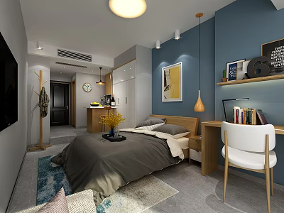 Modern Apartment Interior Design With Blue Walls Gray Bed Desk White Chair And Yellow Artwork 3d model