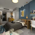 Modern Apartment Interior Design With Blue Walls Gray Bed Desk White Chair And Yellow Artwork