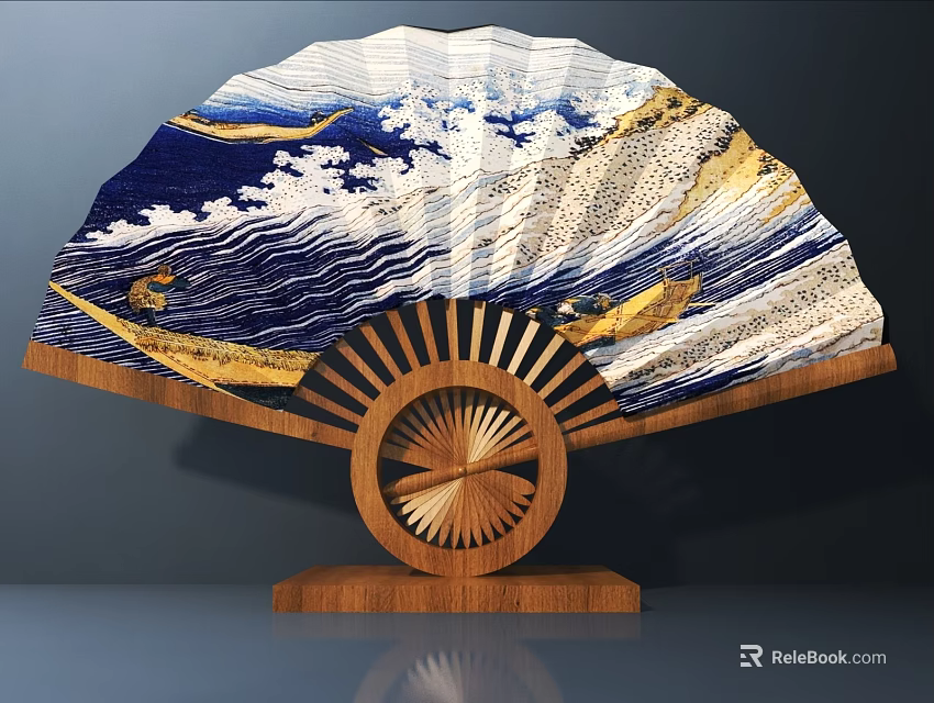 Fan Shaped Decorative Wall Hanging With Blue White Waves Gold Accents And Wooden Base Design 3d model 