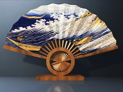 Fan Shaped Decorative Wall Hanging With Blue White Waves Gold Accents And Wooden Base Design 3d model