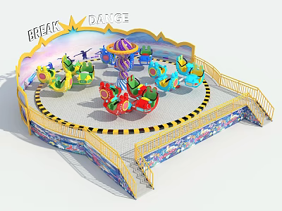 Colorful Rotating Amusement Ride With Safety Railings And Dance Themed Decor 3d model