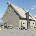Medieval Building With Thatched Roof Stone Walls Shields Axe Barrels And Flag