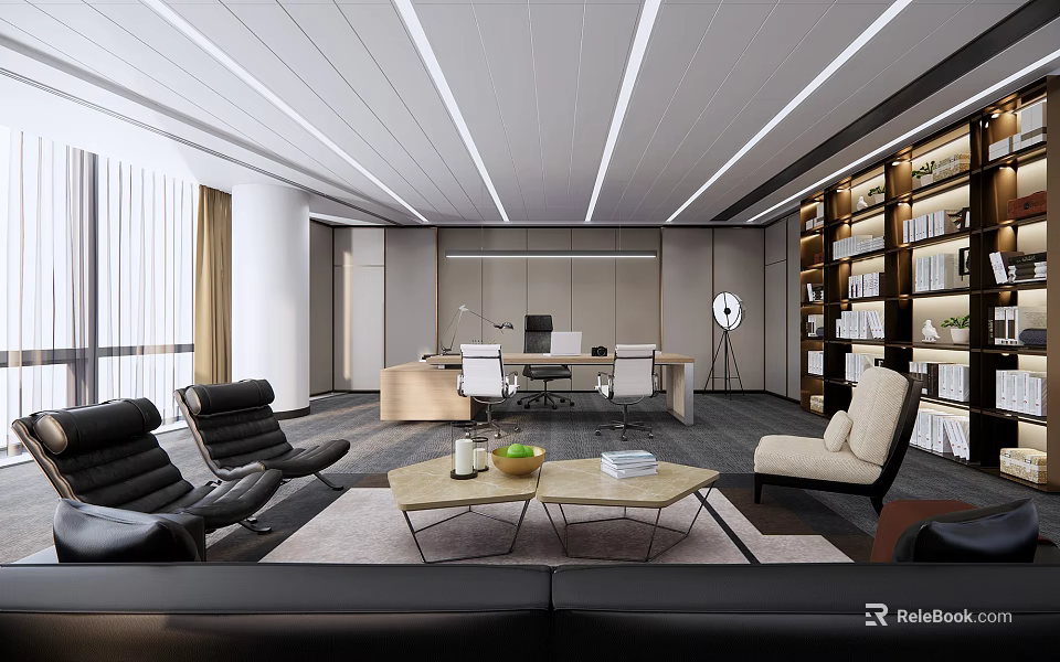 Modern Office Interior With Sofa Coffee Table Bookshelf Desk And Lighting 3d model