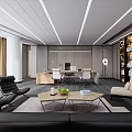 Modern Office Interior With Sofa Coffee Table Bookshelf Desk And Lighting 3d model
