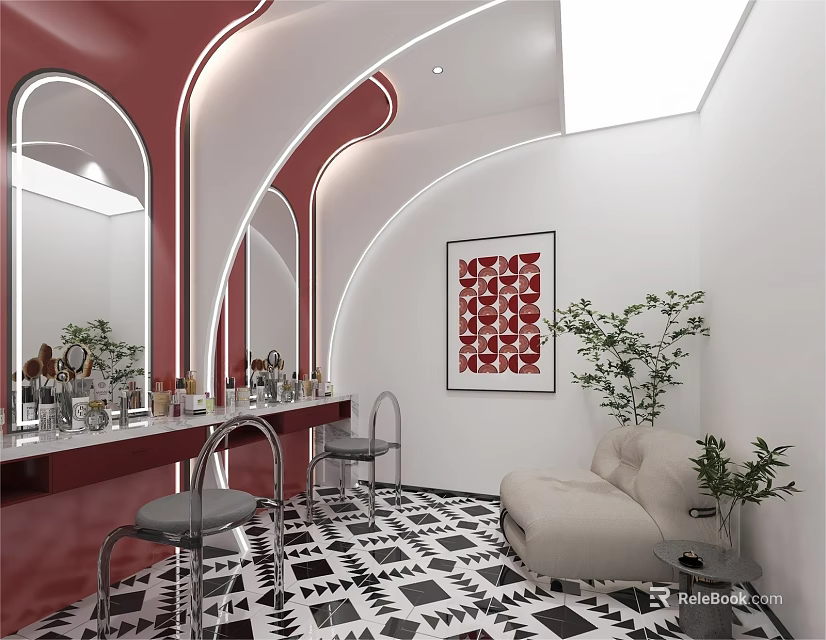 Modern Luxury Perfume Cosmetics Store With Red Counter Arched Mirrors White Walls And Green Plants 3d model 