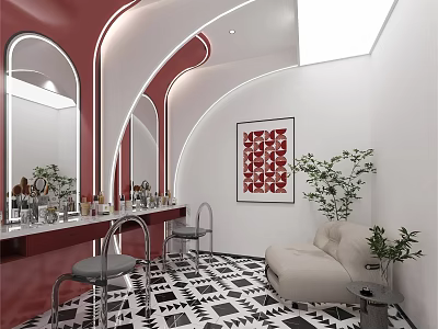 Modern Luxury Perfume Cosmetics Store With Red Counter Arched Mirrors White Walls And Green Plants 3d model