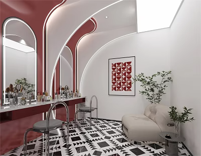 Modern Luxury Perfume Cosmetics Store With Red Counter Arched Mirrors White Walls And Green Plants 3d model