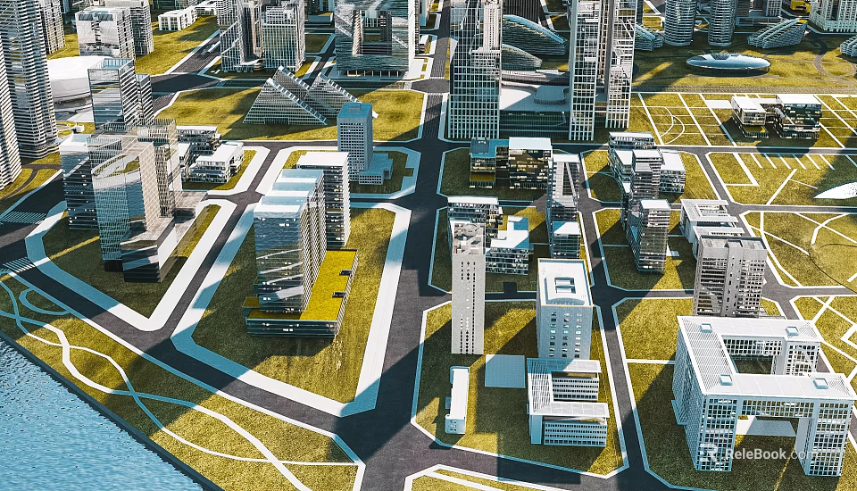 Aerial View Urban Planning With High Rise Buildings Roads Green Spaces And Waterfront 3d model 