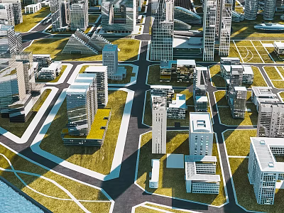 Aerial View Urban Planning With High Rise Buildings Roads Green Spaces And Waterfront 3d model