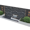Modern Stone Feature Wall With Waterfall Green Shrubs And Wall Lights 3d model