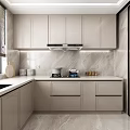 Modern Minimalist Kitchen Interior With Light Cabinets Marble Backsplash And Stove 3d model