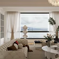 Modern Dining and Living Room Interior With Large Window Green Plants Fireplace and White Sofa