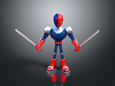 3D Warrior Character In Blue Red Silver Armor Holding Two Swords Standing 3d model