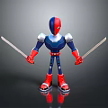 3D Warrior Character In Blue Red Silver Armor Holding Two Swords Standing