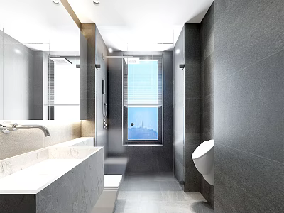 Modern Minimalist Bathroom With Grey Stone Tiles Large Window Marble Sink And Wall Mounted Toilet 3d model