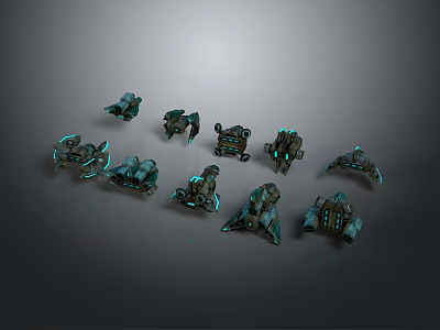 Sci Fi Game Movie Characters Mechanical Designs With Green Glowing Elements And Various Shapes 3d model
