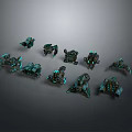 Sci Fi Game Movie Characters Mechanical Designs With Green Glowing Elements And Various Shapes