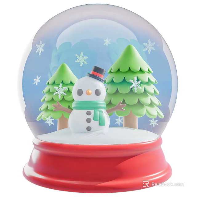 Christmas Decorative Ornament Set With Snow Globe Snowman Pine Trees Snowflakes And Red Base 3d model 