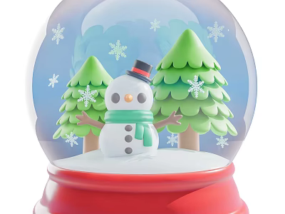 Christmas Decorative Ornament Set With Snow Globe Snowman Pine Trees Snowflakes And Red Base 3d model
