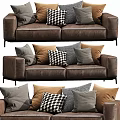 Brown Leather Sofa With Gray Brown And Black White Checkered Pillows 3d model