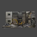 KOMATSU Yellow Excavator Engaged In Demolition Work Amidst Rubble And Old Buildings