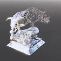 Silver Metallic Rhinoceros Sculpture Standing On Rocky Base Under Blue Sky