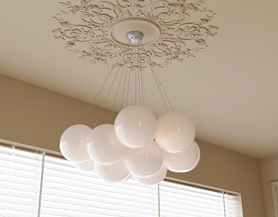 Elegant Hanging Multiple White Spheres Chandelier On Ornate Ceiling With Window Blinds 3d model