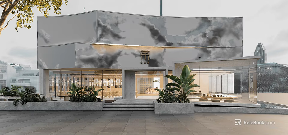 Modern Teahouse Exterior Design With Glass Windows Green Plants And Entrance Steps 3d model 