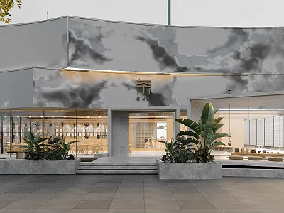 Modern Teahouse Exterior Design With Glass Windows Green Plants And Entrance Steps 3d model