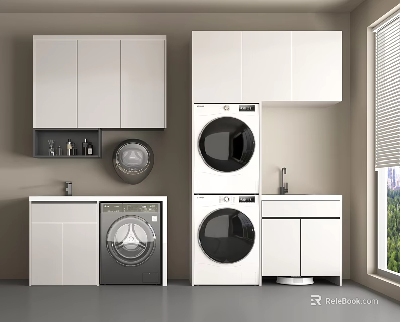 Modern Balcony Cabinets With Washing Machine Dryer And Storage Space Setup 3d model 