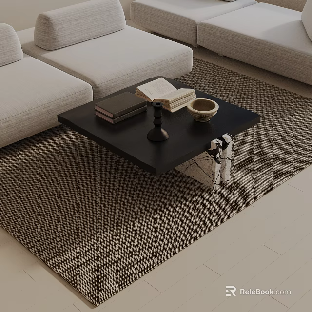 Light Gray Sofa and Black Coffee Table Set With Books Candle Holder on Woven Rug 3d model 