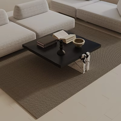 Light Gray Sofa and Black Coffee Table Set With Books Candle Holder on Woven Rug 3d model