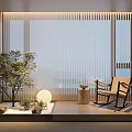 Serene Home Balcony Interior With Rocking Chair Small Tree Round Lamp And Stone Basin