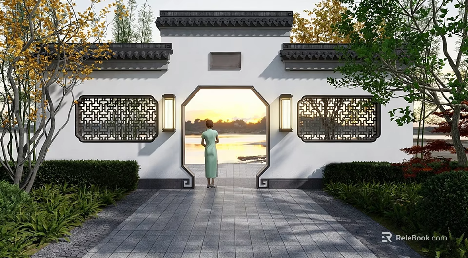 Chinese Style Scenic Wall With Arched Doorway Lattice Windows And Sunset Lake View 3d model 