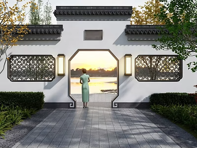 Chinese Style Scenic Wall With Arched Doorway Lattice Windows And Sunset Lake View 3d model