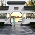Chinese Style Scenic Wall With Arched Doorway Lattice Windows And Sunset Lake View