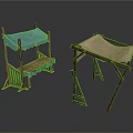 Two Wooden Furniture Stalls With Blue And Beige Canopies For Outdoor