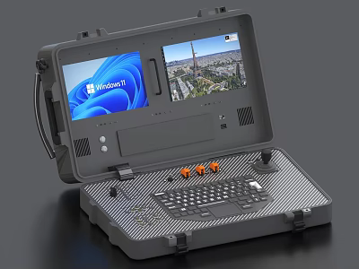 Industrial Equipment Portable Rugged Control Station With Dual Screens Keyboard And Orange Knobs 3d model