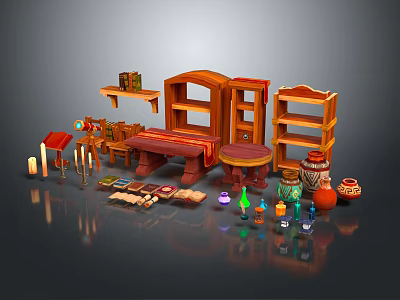 Interior Decor Ornament Set With Wooden Shelves Figurines Candles And Colorful Vases 3d model