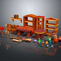 Interior Decor Ornament Set With Wooden Shelves Figurines Candles And Colorful Vases