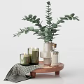 Stylish Bathroom Accessories With Green Plant Candles Cotton Swabs And Checkered Cloth On Wooden Tray