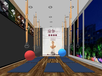 Yoga Fitness Studio With Suspension Straps Balls Mats And Green Plants At Night 3d model