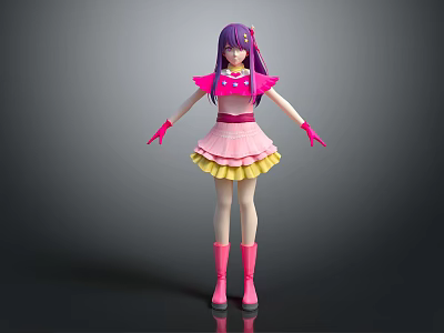Cute Game Movie Character With Purple Hair Pink Dress Yellow Skirt Gloves And Boots 3d model