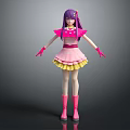 Cute Game Movie Character With Purple Hair Pink Dress Yellow Skirt Gloves And Boots