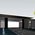Modern Entrance Gate With Black Canopy Stone Wall Steps And Greenery