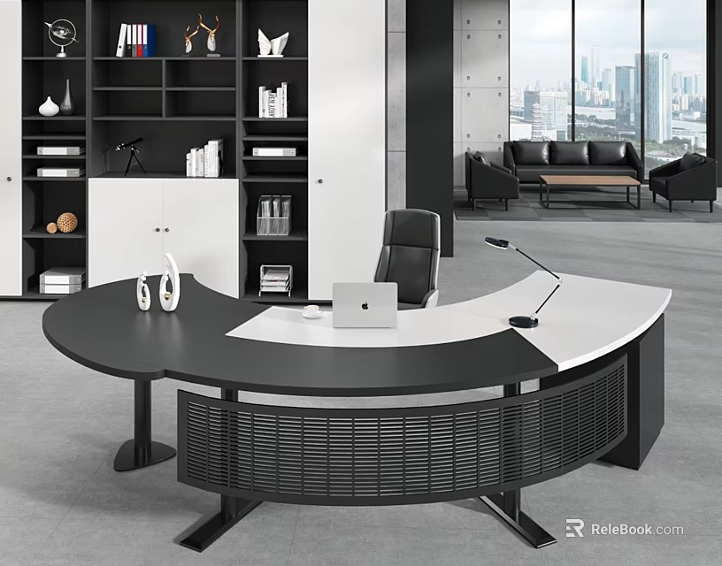 Modern Executive Office Desk With Curved Black White Top Bookshelf City View And Black Chair 3d model 