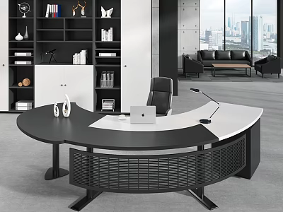 Modern Executive Office Desk With Curved Black White Top Bookshelf City View And Black Chair 3d model